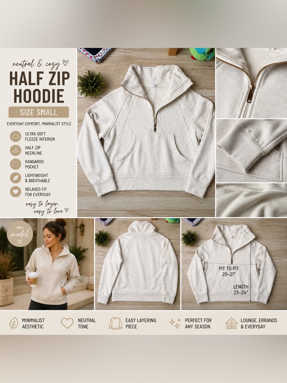 Oatmeal Half Zip Hoodie Small Neutral Minimalist Cozy Pullover Sweatshirt